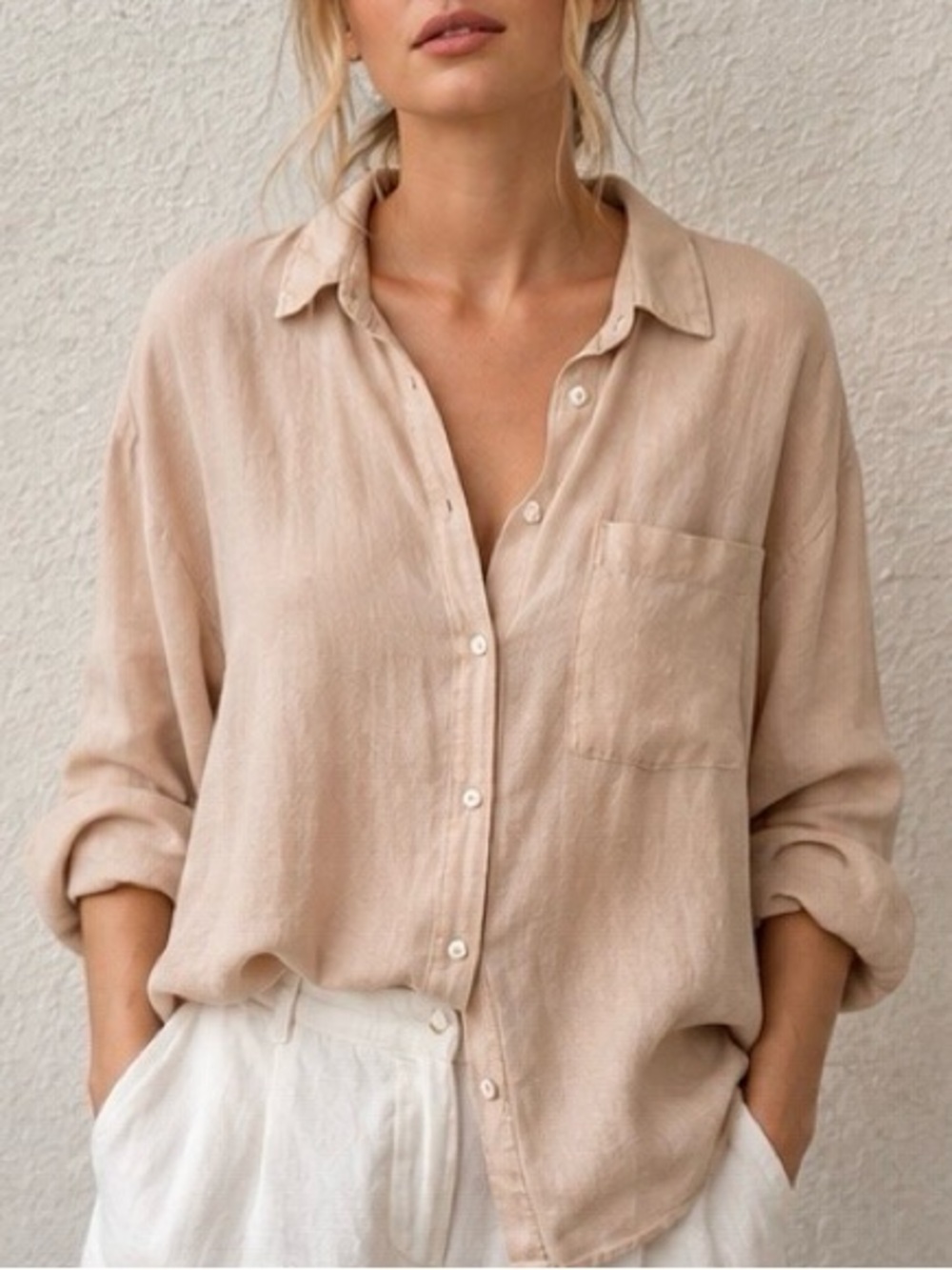 Zara Women’s S 100% Linen Button Down Shirt Beige Oversized Relaxed Blouse